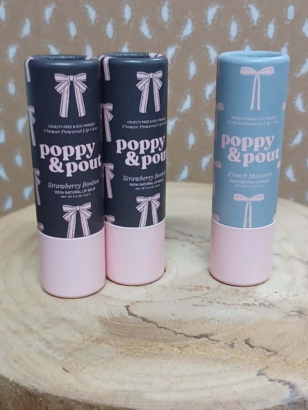 Set of 3 Poppy & Pout Natural Lip Balms - 2 Strawberry BonBon, 1 French Macaron